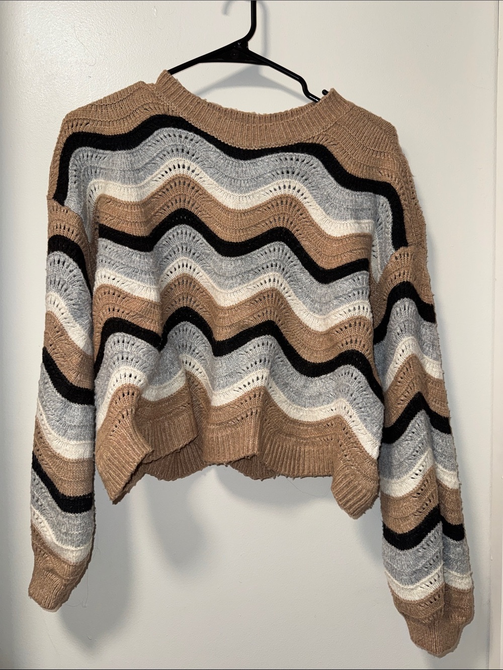 Francesca's Collections Wavy Stripe Crewneck Sweater - Tan, Black, Gray & Cream